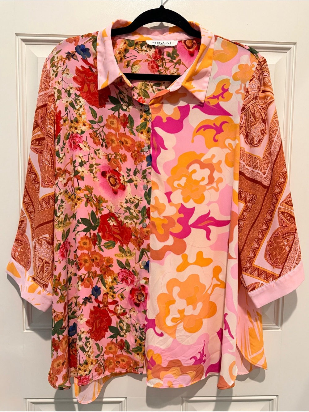 Rose & Olive Pink and Orange Floral Button-Up Top